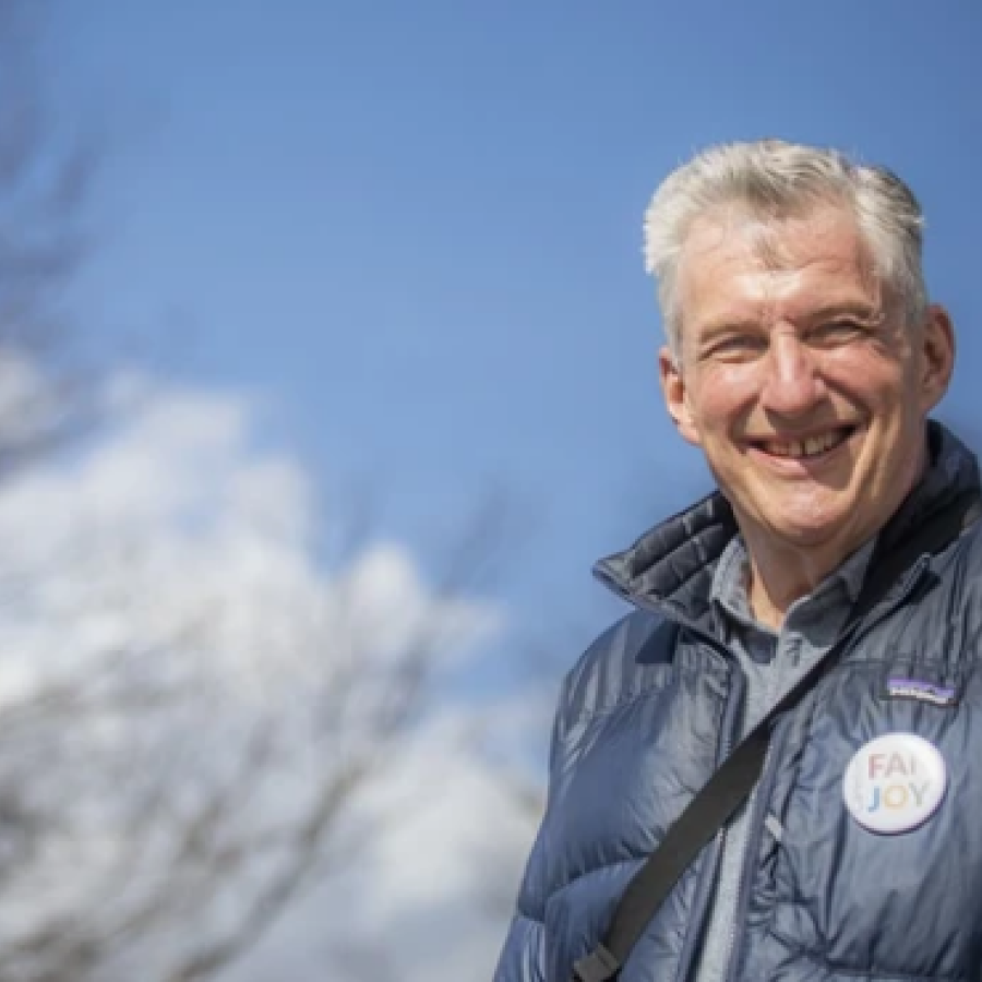 Bruce Fanjoy, in early April, campaigning in his riding